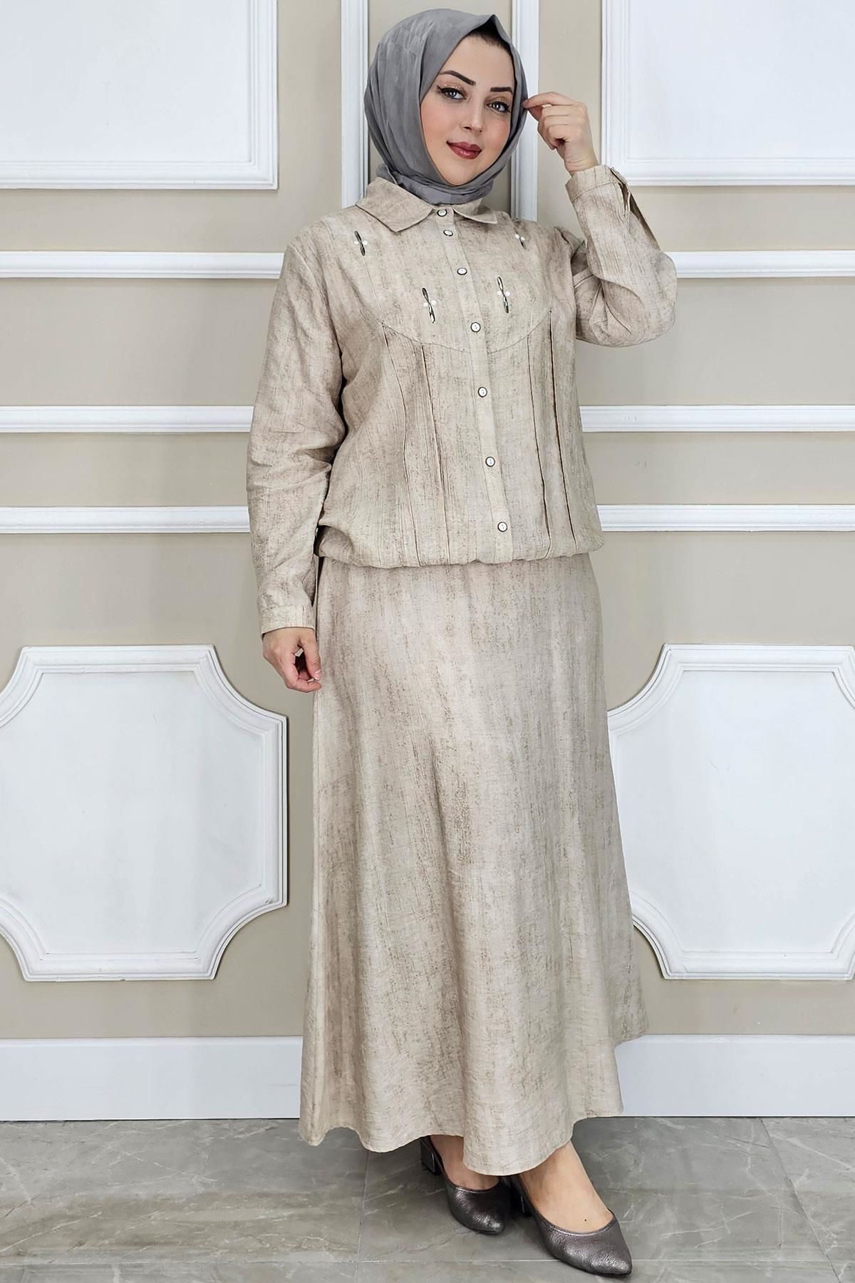 PYS KADIN TAŞ DETAYLI GÖMLEK ETEK TESETTÜR TAKIM BEJ - 5 BEDEN