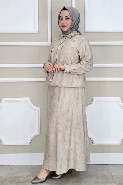 PYS KADIN TAŞ DETAYLI GÖMLEK ETEK TESETTÜR TAKIM BEJ - 5 BEDEN