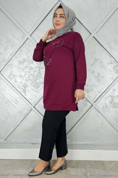 KADIN DİKME ÇİÇEK VE TAŞ DETAYLI TESETTÜR TUNİK BORDO - 3 BEDEN