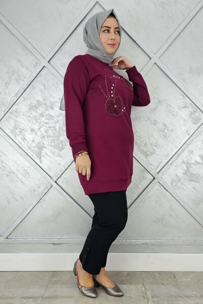 KADIN DİKME ÇİÇEK VE TAŞ DETAYLI TESETTÜR TUNİK BORDO - 3 BEDEN