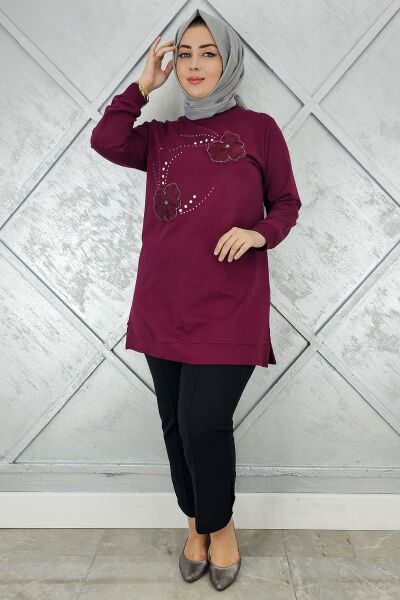 KADIN DİKME ÇİÇEK VE TAŞ DETAYLI TESETTÜR TUNİK BORDO - 3 BEDEN