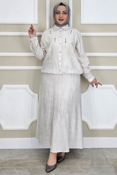 PYS KADIN TAŞ DETAYLI GÖMLEK ETEK TESETTÜR TAKIM TAŞ - 4 BEDEN