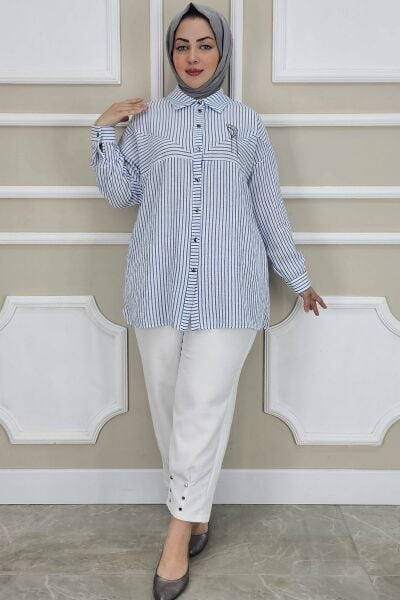 PYS KADIN ÇİZGİLİ BROŞ DETAYLI TESETTÜR GÖMLEK LACİVERT - 5 BEDEN