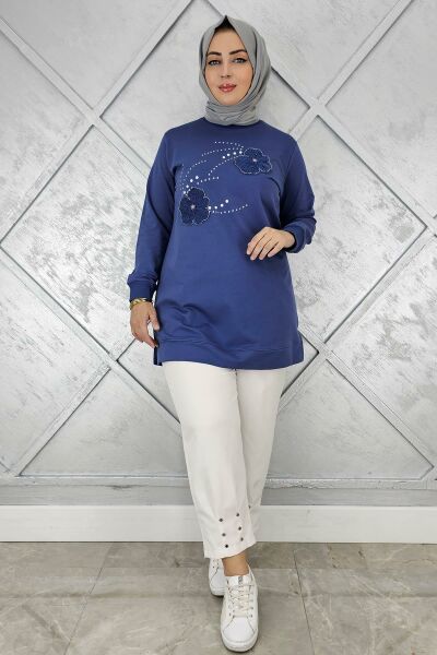 KADIN DİKME ÇİÇEK VE TAŞ DETAYLI TESETTÜR TUNİK İNDİGO - 2 BEDEN