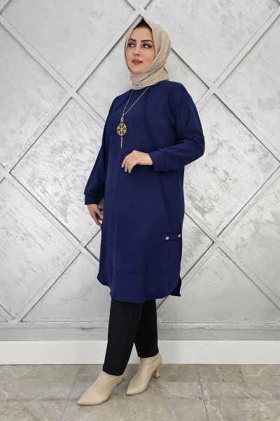 KADIN KOLYE VE DÜĞME DETAYLI TESETTÜR TUNİK LACİVERT - 2 BEDEN