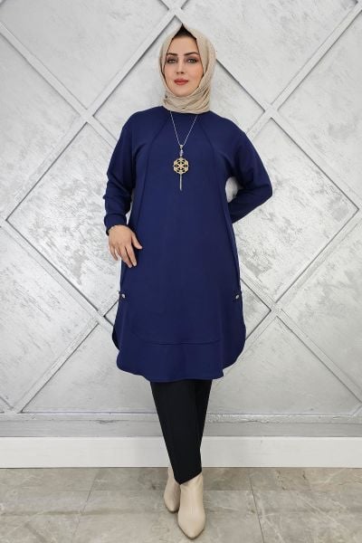 KADIN KOLYE VE DÜĞME DETAYLI TESETTÜR TUNİK LACİVERT - 2 BEDEN