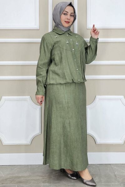 PYS KADIN TAŞ DETAYLI GÖMLEK ETEK TESETTÜR TAKIM HAKİ - 3 BEDEN