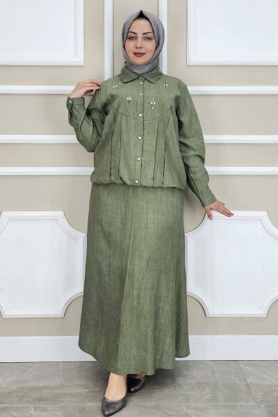 PYS KADIN TAŞ DETAYLI GÖMLEK ETEK TESETTÜR TAKIM HAKİ - 3 BEDEN