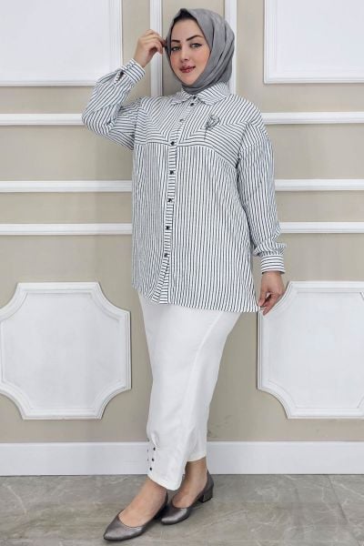 PYS KADIN ÇİZGİLİ BROŞ DETAYLI TESETTÜR GÖMLEK SİYAH - 5 BEDEN