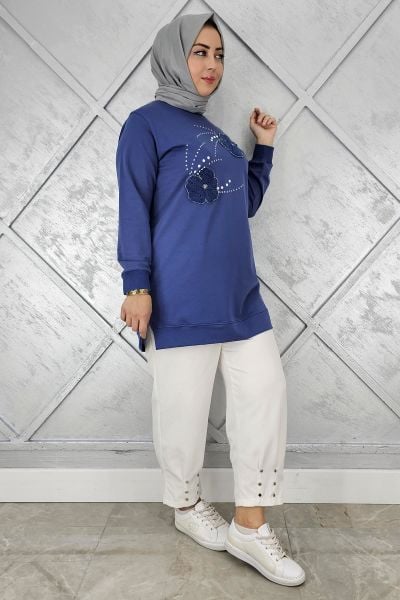 KADIN DİKME ÇİÇEK VE TAŞ DETAYLI TESETTÜR TUNİK İNDİGO - 4 BEDEN