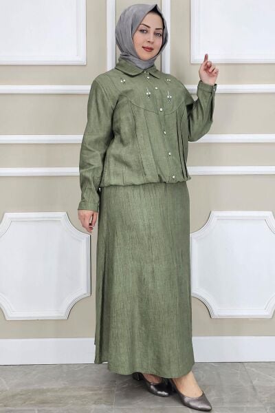 PYS KADIN TAŞ DETAYLI GÖMLEK ETEK TESETTÜR TAKIM HAKİ - 5 BEDEN