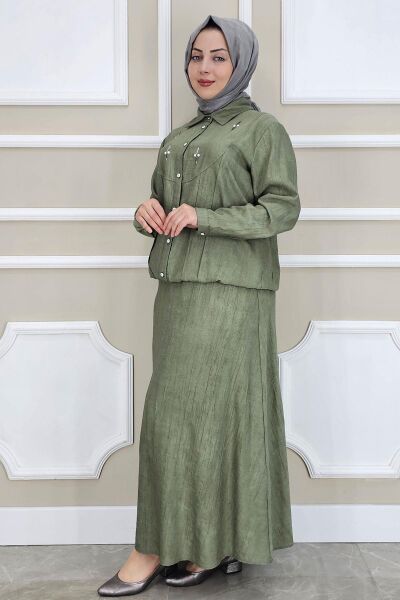 PYS KADIN TAŞ DETAYLI GÖMLEK ETEK TESETTÜR TAKIM HAKİ - 5 BEDEN