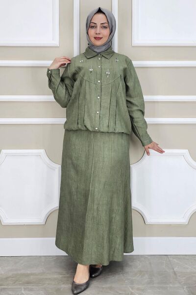 PYS KADIN TAŞ DETAYLI GÖMLEK ETEK TESETTÜR TAKIM HAKİ - 5 BEDEN