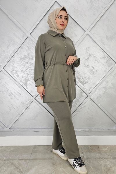 KADIN BELİ KEMER DETAYLI TESETTÜR TAKIM HAKİ - 4 BEDEN