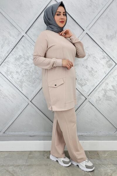 KADIN CEP GÖRÜNÜMLÜ TESETTÜR TAKIM BEJ - L