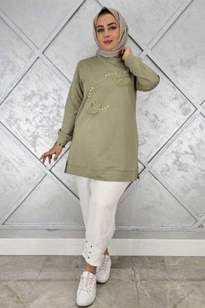 KADIN DİKME ÇİÇEK VE TAŞ DETAYLI TESETTÜR TUNİK MİNT YEŞİLİ - 3 BEDEN