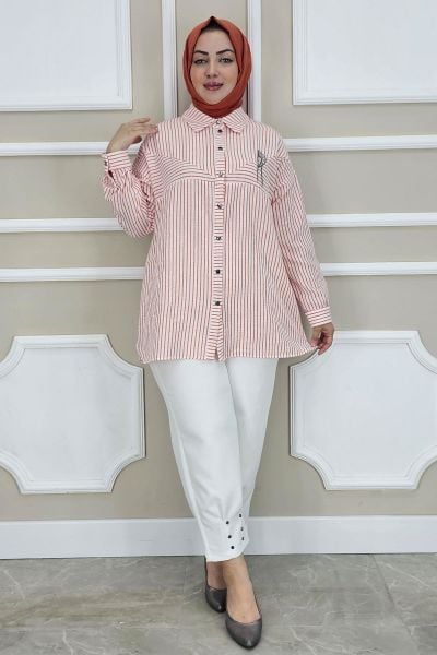 PYS KADIN ÇİZGİLİ BROŞ DETAYLI TESETTÜR GÖMLEK TURUNCU - 2 BEDEN