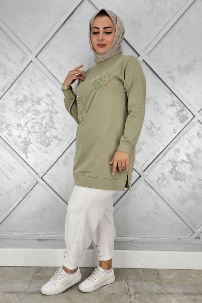 KADIN DİKME ÇİÇEK VE TAŞ DETAYLI TESETTÜR TUNİK MİNT YEŞİLİ - 4 BEDEN