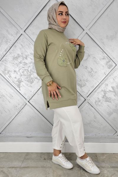 KADIN DİKME ÇİÇEK VE TAŞ DETAYLI TESETTÜR TUNİK MİNT YEŞİLİ - 4 BEDEN