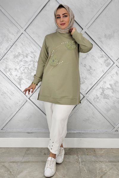 KADIN DİKME ÇİÇEK VE TAŞ DETAYLI TESETTÜR TUNİK MİNT YEŞİLİ - 4 BEDEN