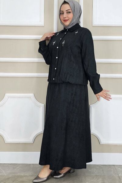 PYS KADIN TAŞ DETAYLI GÖMLEK ETEK TESETTÜR TAKIM SİYAH - 3 BEDEN