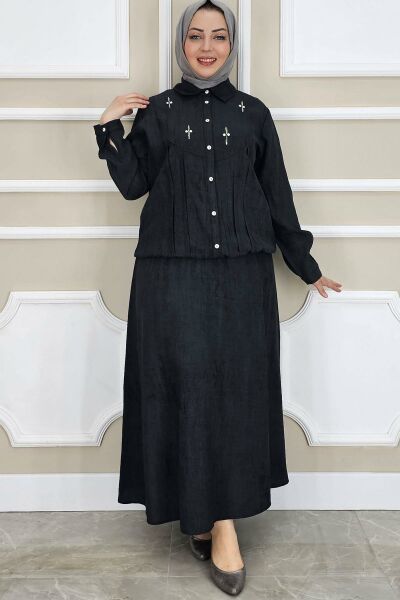PYS KADIN TAŞ DETAYLI GÖMLEK ETEK TESETTÜR TAKIM SİYAH - 3 BEDEN