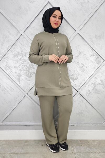 KADIN TAŞ DETAYLI TESETTÜR TAKIM HAKİ - 3XL