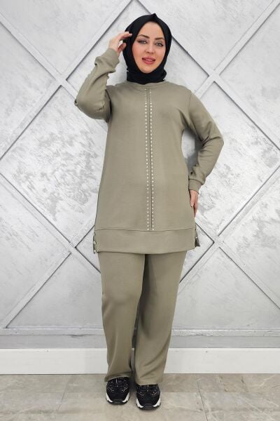 KADIN TAŞ DETAYLI TESETTÜR TAKIM HAKİ - 3XL