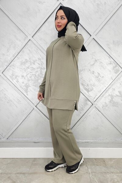 KADIN TAŞ DETAYLI TESETTÜR TAKIM HAKİ - 3XL