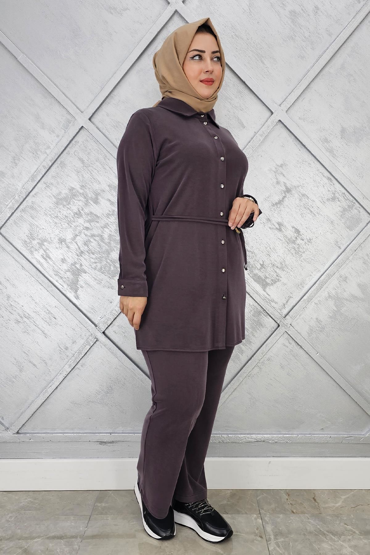 KADIN BELİ KEMER DETAYLI TESETTÜR TAKIM KAHVERENGİ - 4 BEDEN