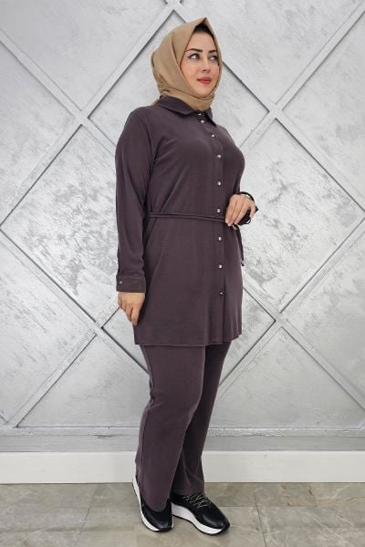 KADIN BELİ KEMER DETAYLI TESETTÜR TAKIM KAHVERENGİ - 4 BEDEN