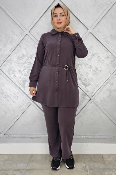 KADIN BELİ KEMER DETAYLI TESETTÜR TAKIM KAHVERENGİ - 4 BEDEN