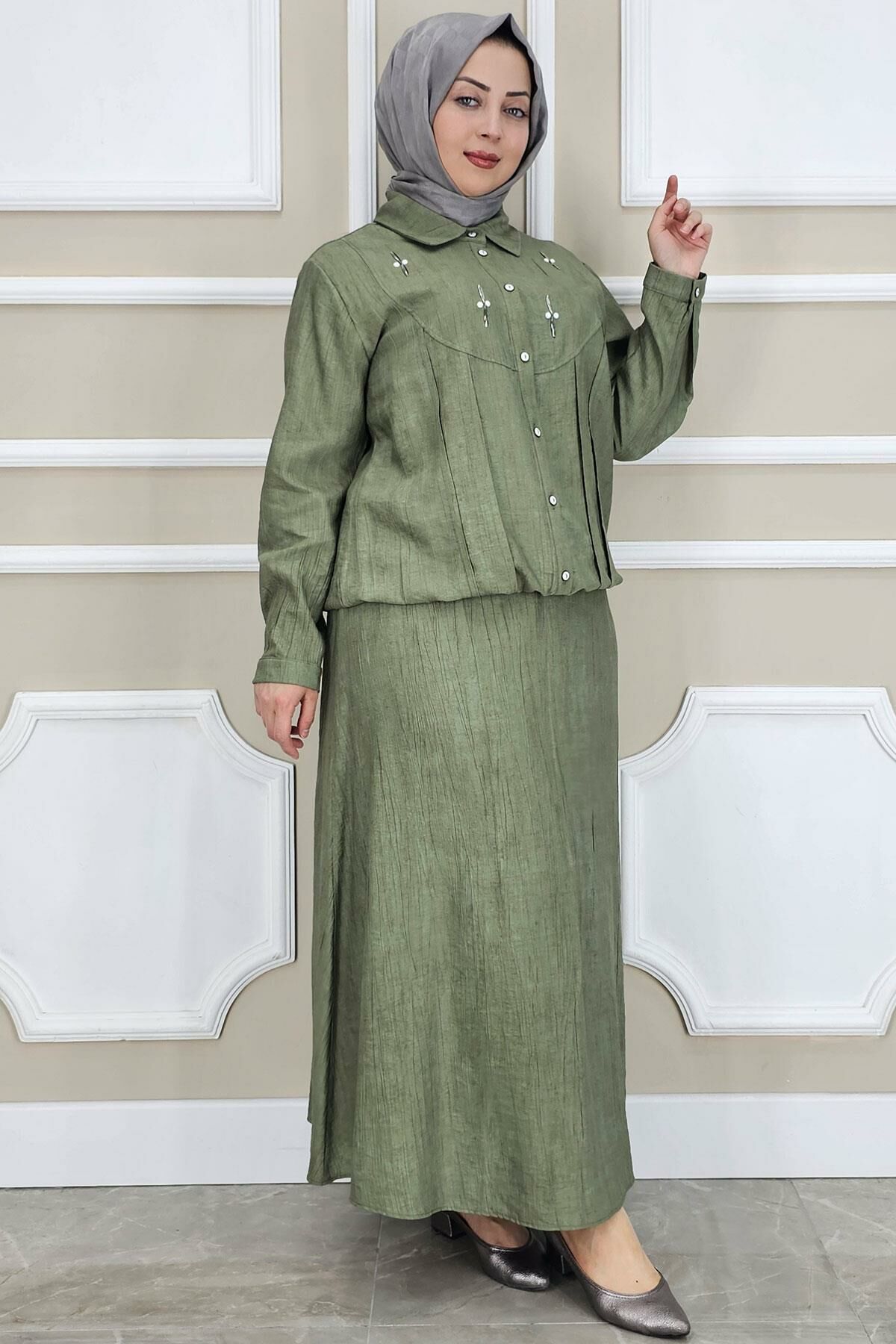 PYS KADIN TAŞ DETAYLI GÖMLEK ETEK TESETTÜR TAKIM HAKİ - 2 BEDEN