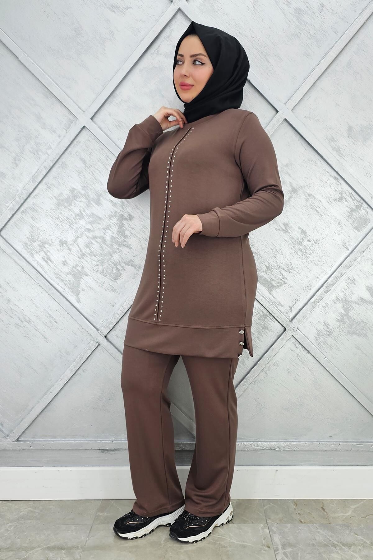 KADIN TAŞ DETAYLI TESETTÜR TAKIM VİZON - L