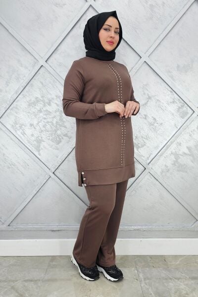 KADIN TAŞ DETAYLI TESETTÜR TAKIM VİZON - L