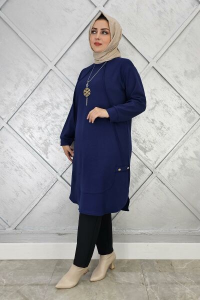 KADIN KOLYE VE DÜĞME DETAYLI TESETTÜR TUNİK LACİVERT - 3 BEDEN
