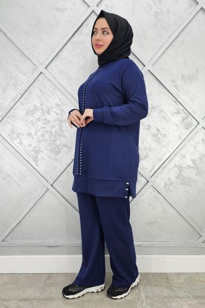 KADIN TAŞ DETAYLI TESETTÜR TAKIM İNDİGO - L