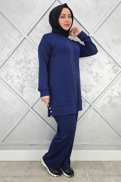 KADIN TAŞ DETAYLI TESETTÜR TAKIM İNDİGO - L