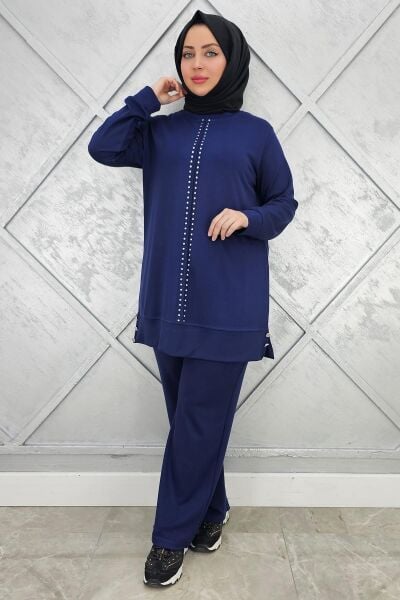 KADIN TAŞ DETAYLI TESETTÜR TAKIM İNDİGO - L