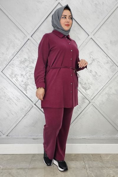 KADIN BELİ KEMER DETAYLI TESETTÜR TAKIM BORDO - 2 BEDEN