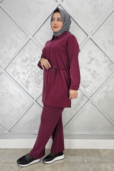 KADIN BELİ KEMER DETAYLI TESETTÜR TAKIM BORDO - 2 BEDEN