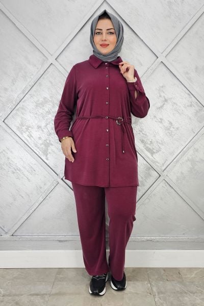 KADIN BELİ KEMER DETAYLI TESETTÜR TAKIM BORDO - 2 BEDEN