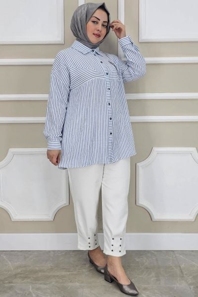 PYS KADIN ÇİZGİLİ BROŞ DETAYLI TESETTÜR GÖMLEK LACİVERT - 2 BEDEN