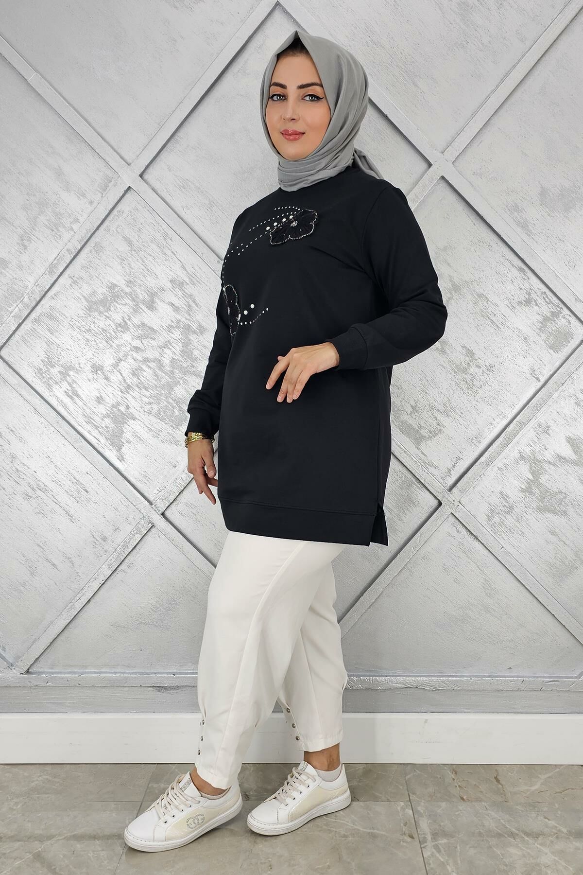 KADIN DİKME ÇİÇEK VE TAŞ DETAYLI TESETTÜR TUNİK SİYAH - 3 BEDEN