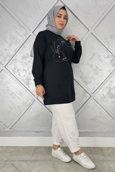 KADIN DİKME ÇİÇEK VE TAŞ DETAYLI TESETTÜR TUNİK SİYAH - 3 BEDEN
