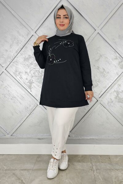 KADIN DİKME ÇİÇEK VE TAŞ DETAYLI TESETTÜR TUNİK SİYAH - 3 BEDEN