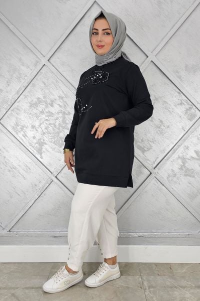 KADIN DİKME ÇİÇEK VE TAŞ DETAYLI TESETTÜR TUNİK SİYAH - 4 BEDEN