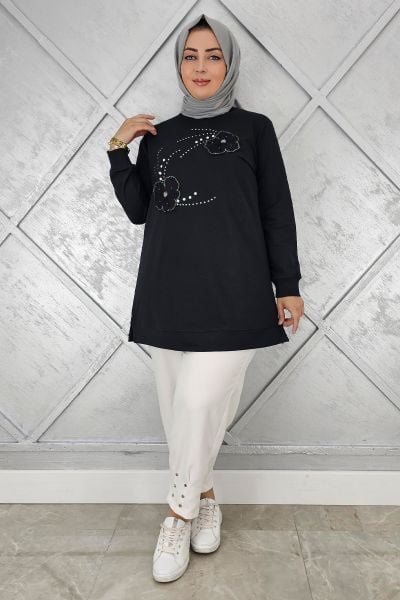 KADIN DİKME ÇİÇEK VE TAŞ DETAYLI TESETTÜR TUNİK SİYAH - 4 BEDEN