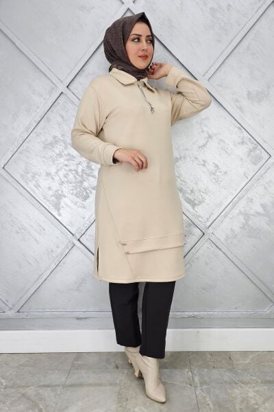 KADIN FERMUAR VE DÜĞME DETAYLI TESETTÜR TUNİK BEJ - 2 BEDEN