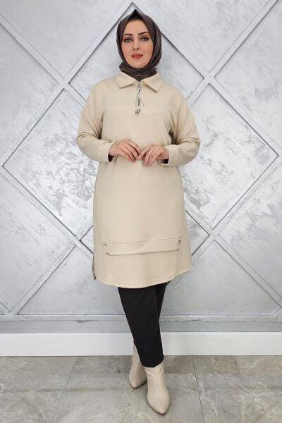KADIN FERMUAR VE DÜĞME DETAYLI TESETTÜR TUNİK BEJ - 2 BEDEN